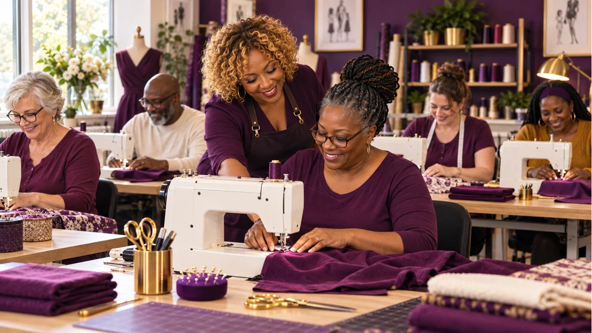 A diverse group of adults learning sewing skills in a hands-on class.