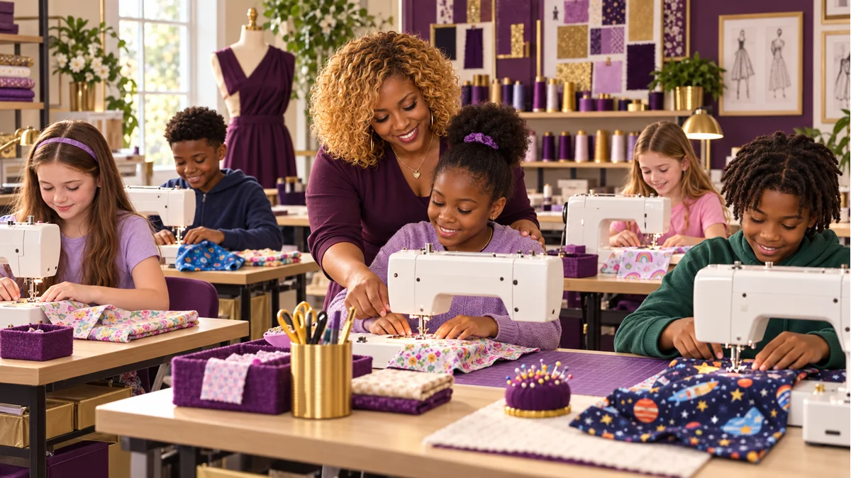 A diverse group of children learning to sew at D Sew Sew Good Sewing Academy.