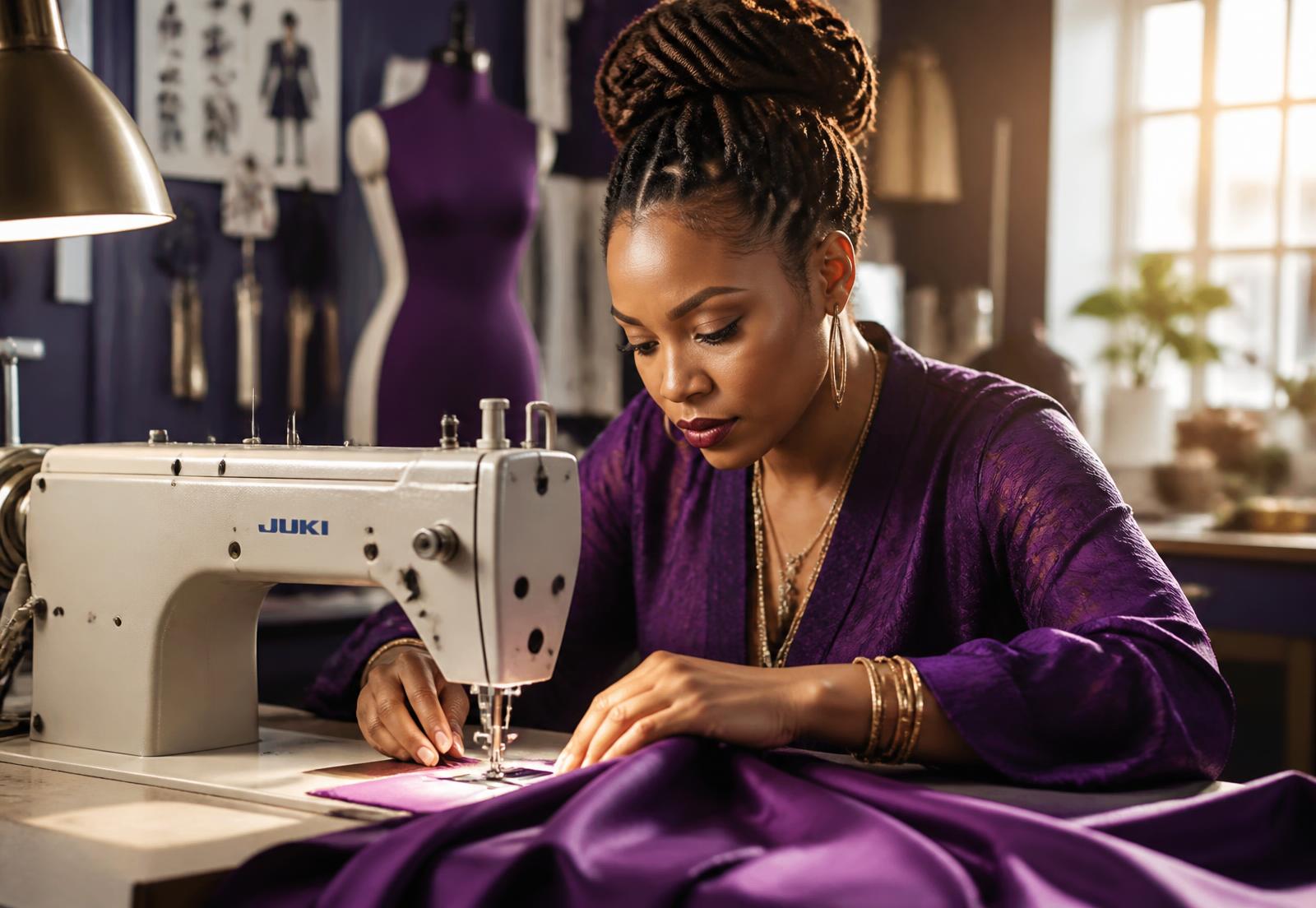 Seamstress guiding fabric through a professional sewing machine